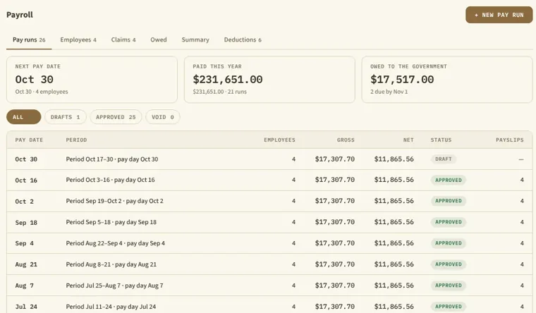 Payroll, with pay runs and their totals